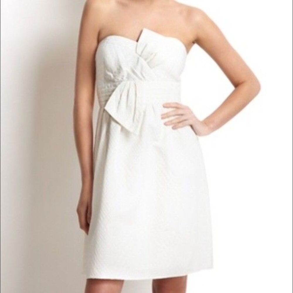 Max and Cleo Dress Womens 8 White Strapless Bow Fit Flare Jacquard Mini Party